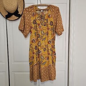 Cato Yellow and Red Floral Midi Dress With Gold Thread Throughout.